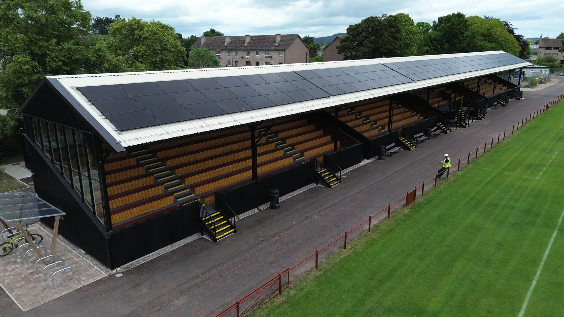drone image of Bught Park stadium stand