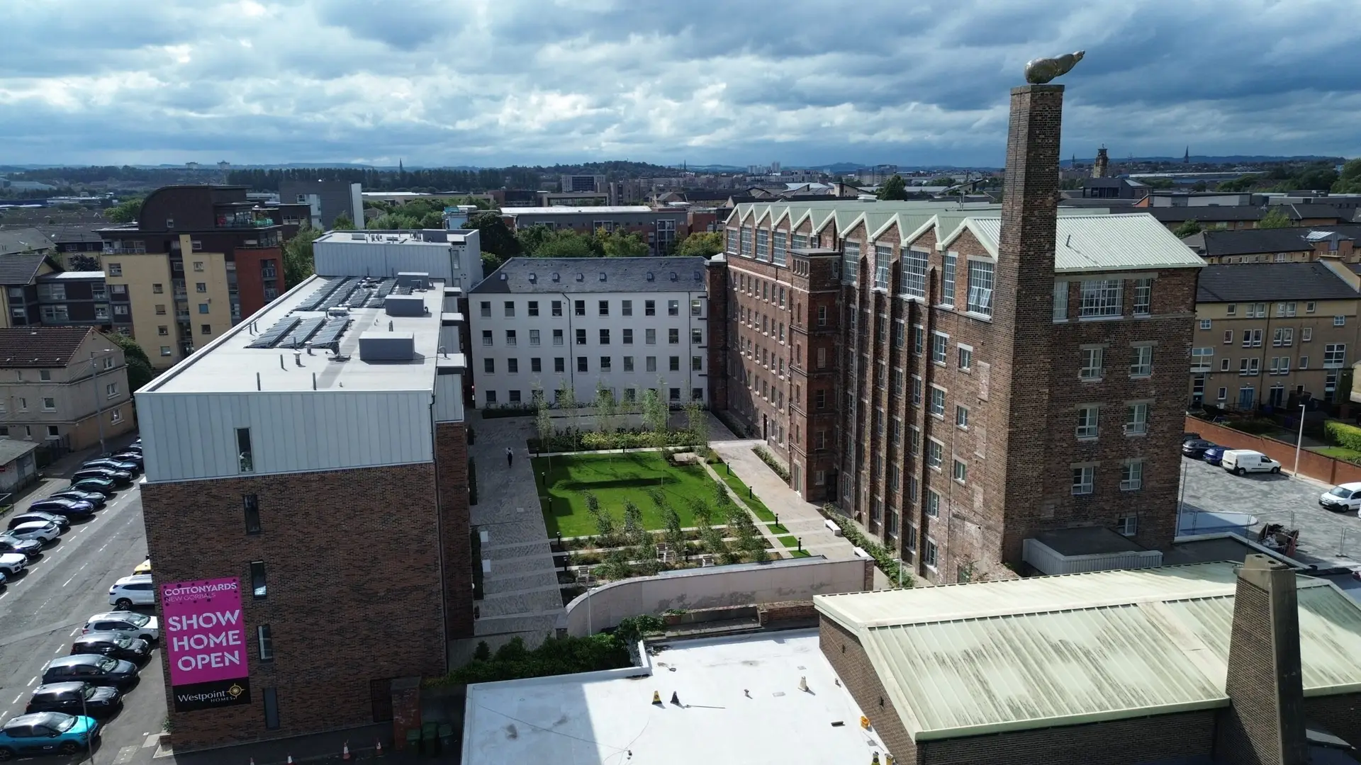 drone image of new build housing flats, new gorbals, glasgow