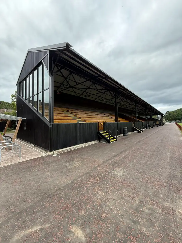 image shows a newly built stand, which will house spectators for Shinty and other sports.
